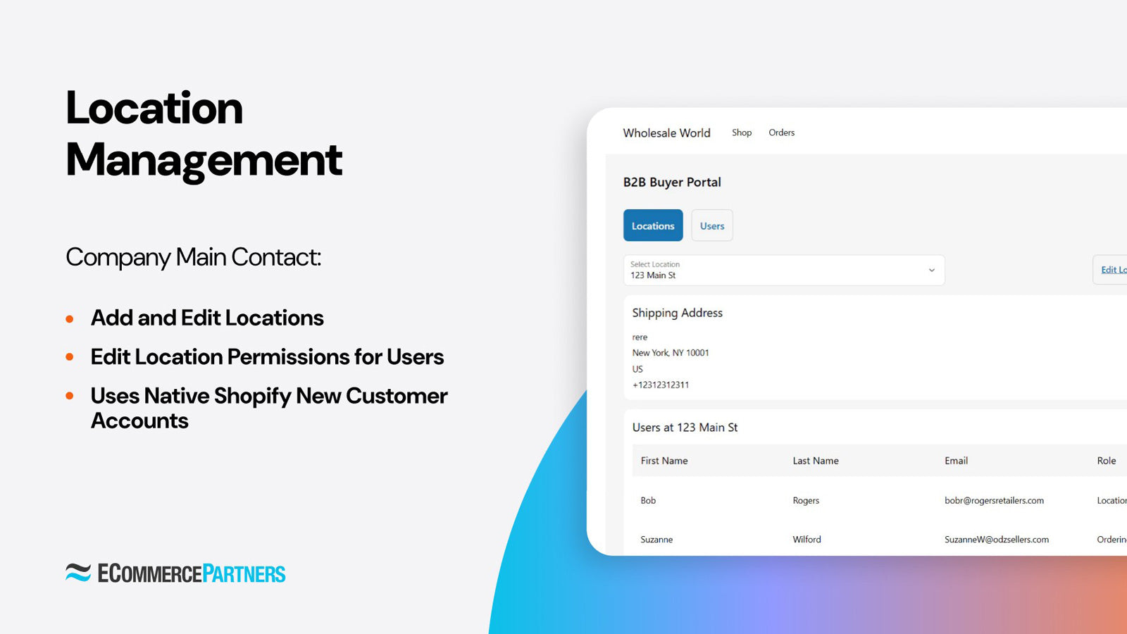 B2B Buyer Portal location management interface showing shipping address details and user assignments per location
