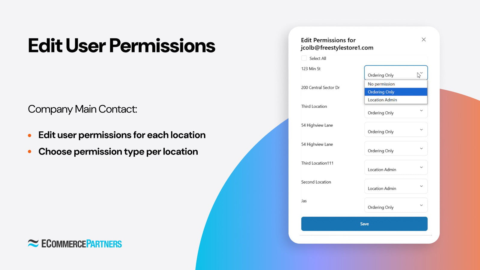 B2B Buyer Portal edit user permissions modal showing per-location permission dropdowns with Ordering Only and Location Admin options