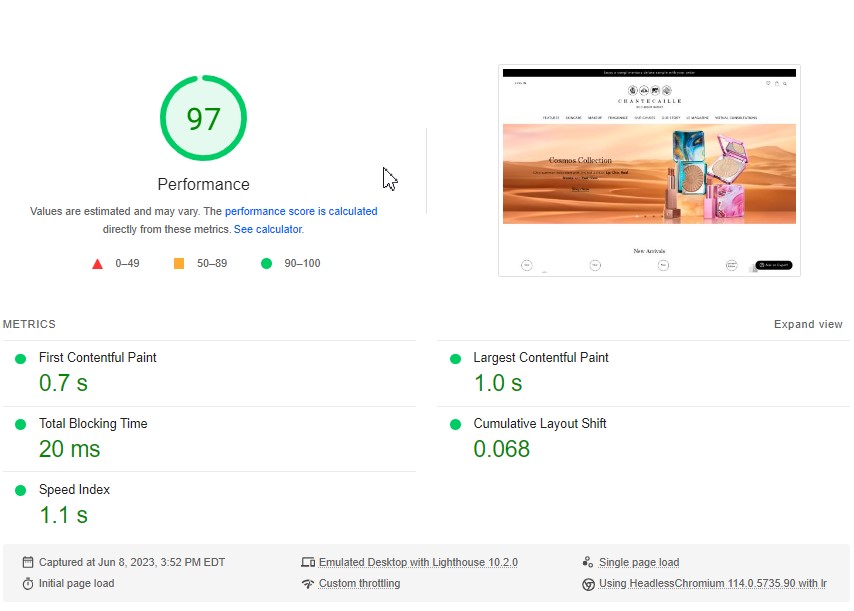 Chantecaille Google PageSpeed desktop score of 92 after Shopify Plus optimization