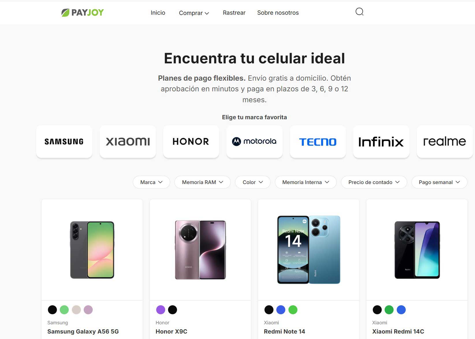 PayJoy BigCommerce product listing page with brand selector and custom filters
